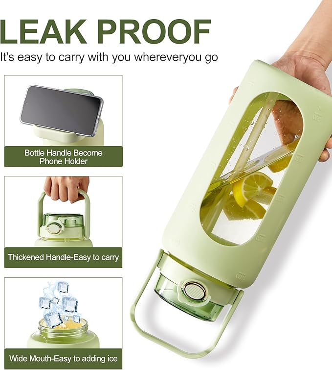 TKK 64 OZ Glass Water Bottle with Straw and Handle Half Gallon Bottle with Silicon Sleeve 2L Sports Water Bottles for Fitness, Gym, Workout - Light Green
