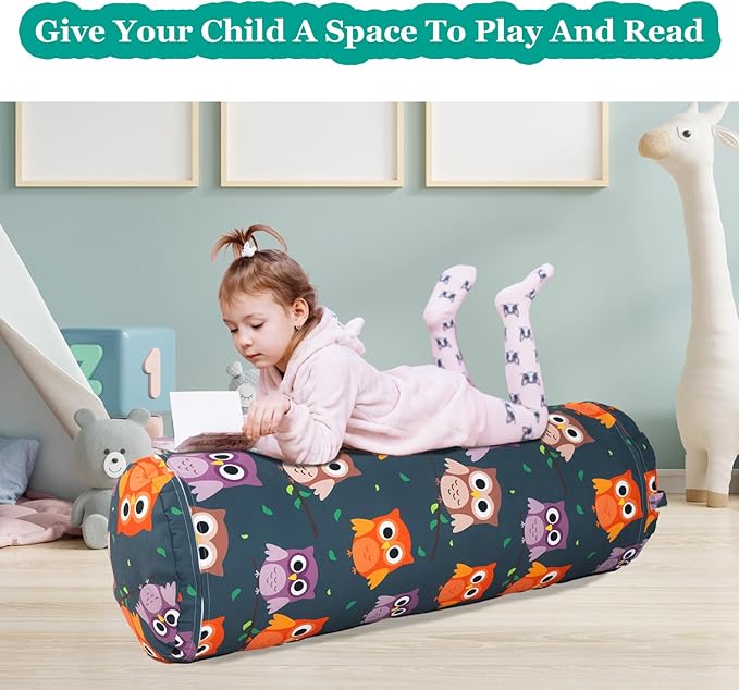 Stuffed Animal Bean Bag Storage Chair for Kids Cover Only (No Filler), Organize, Sit, Play & Boxing, 100% Cotton Canvas Washable, Ultra Soft Cylinder Long Vertical Zipper Best Gift for Child