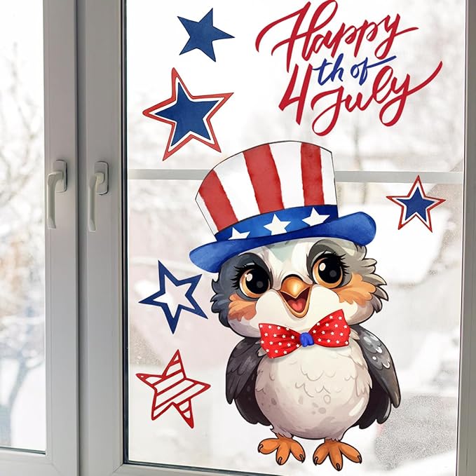 4th of July Owl Window Clings, USA Independence Memorial Day Summer Holiday Window Stickers