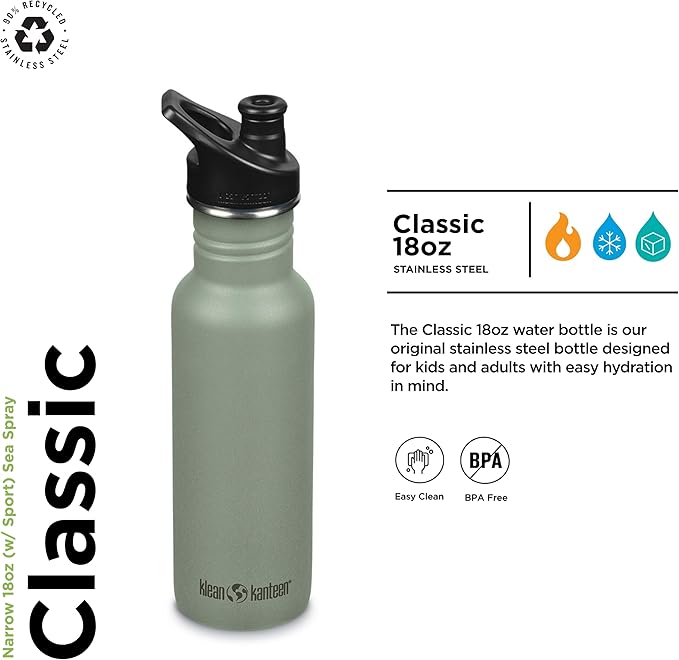 KLEAN KANTEEN Sea Spray Sport Cap with Classic Water Bottle 18oz, 1 EA
