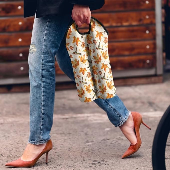 doginthehole 2 Bottle Wine Carrier Tote Fall Maple Leaves Hummingbirds Print Wine Bag 750ML Portable Neoprene Wine Bottle Travel Protector Champagne Bag with Handle for Picnic, Thanksgiving Party