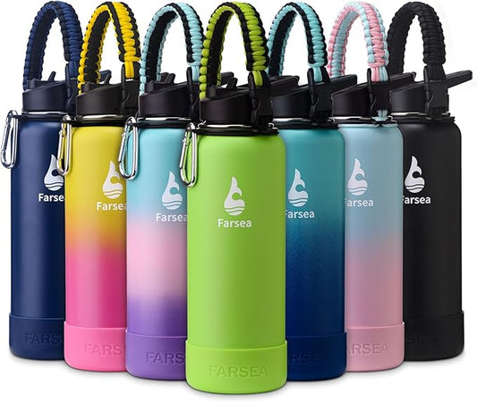 Farsea Insulated Water Bottle With Paracord Handle, Protective Boot and 2 Lids (Straw Lid & Spout Lid), Stainless Steel Water Bottle Wide Mouth, Double Wall Sweat-Proof BPA-Free, 40 oz