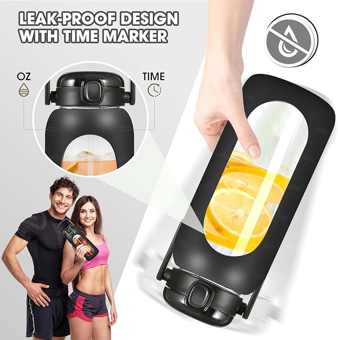 Glass Water Bottles 64 oz - Half Gallon Water Bottle with Straw Phone Holder Handle Time Marker and Silicone Sleeve, Large Motivational Water Jug with Carrier Bag for Daily Intake Gym Black