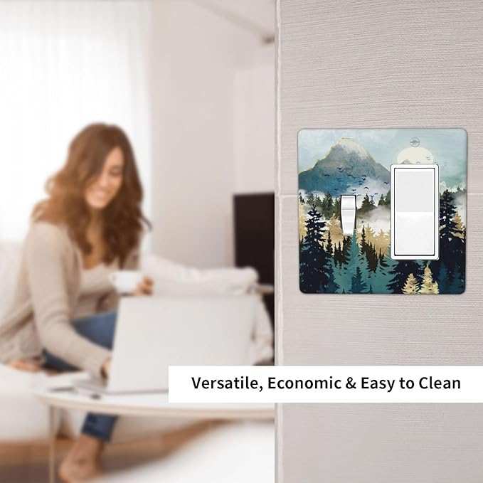 Boho Mountain Forest Abstract Sunset Sunrise Sun 2 Gang Single Toggle Rocker Combination Light Switch Covers Wall Plate Cover Electrical Faceplate Decorative Switchplate for Country Bedroom Decor