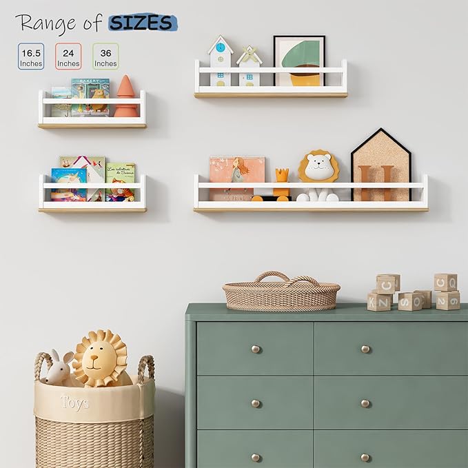 Small Kids Bookshelves Wall Mounted 3-Pack, White Floating Nursery Book Shelves for Kids Room Bedroom, Solid Wood Hanging Bookshelf Bookcase and Toy Storage Shelf for Baby Toddler Child