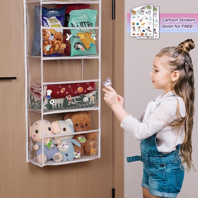 Univivi Over The Door Organizer Hanging Storage, Closet Door Organizer Baby Storage with 5 Clear Plastic Pockets & 2 Big Metal Hooks & Sticker for Cosmetics, Bathroom, Nursery and Sundries