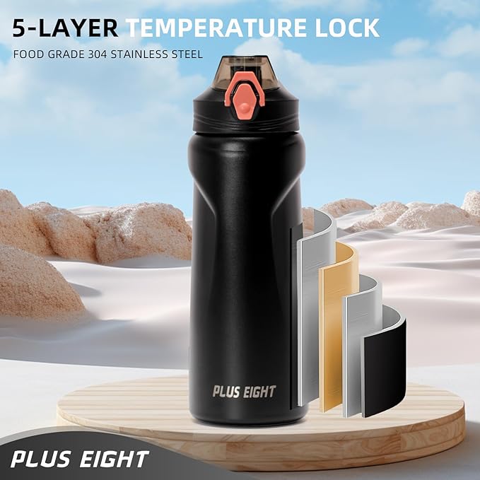 Sports Water Bottle, 25 oz Insulated Water Bottle With Straw, Stainless Steel Water Bottle Wide Mouth for Sports, Gym or Office, BPA-Free Keep Cold 24H Hot 12H (Black)