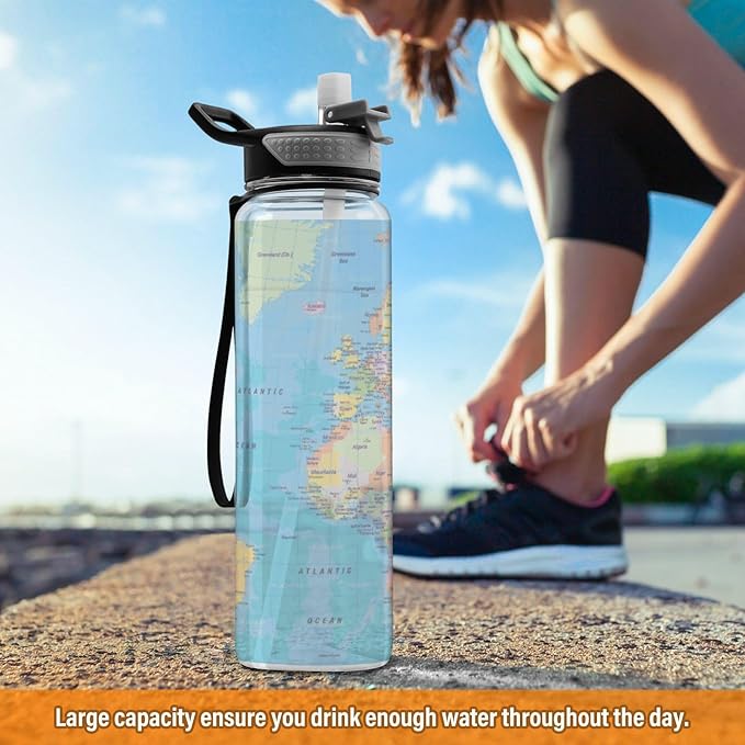 Kigai World Map Clear Water Bottle with Straw Lid, BPA-Free Leakproof Sport Water Bottle 32oz Large Gym Water Jug for Men Women Travel Fitness Outdoor