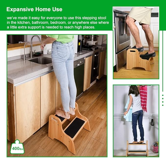 StrongTek Wooden 2 Step Stools for Kids, Toddler with Non-Slip Stepping Surface, Portable Stool with Handles for Bathroom Kitchen and Bedroom, 400 lbs Capacity (Natural)