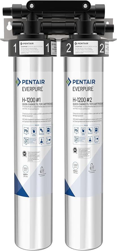 Pentair Everpure H-1200 Drinking Water System, EV928200, NSF Certified to Reduce PFOA/PFOS, Dual Cartridge System Includes Filter Head, Cartridges and all Hardware, 1,000 Gallon Capacity, 0.5 Micron