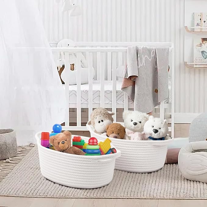 Small Woven Basket with Handles, 5 Pack Cotton Rope Room Shelf Storage Basket for Organizing Small Round Basket Baby Nursery Bins, White (Off White)