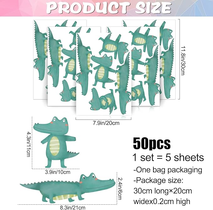 5 Sheets Cartoon Animal Wall Decal Removable DIY Green Small Crocodile Wall Decal Peel and Stick Jungle Animals Wall Stickers Wall Art for Baby Nursery Bedroom Living Room Playroom Decor