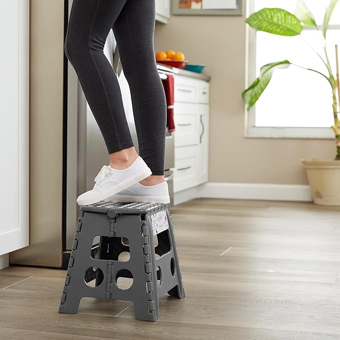 Casafield 13" Folding Step Stool with Handle, Gray - Portable Collapsible Small Plastic Foot Stool for Adults - Use in The Kitchen, Bathroom and Bedroom