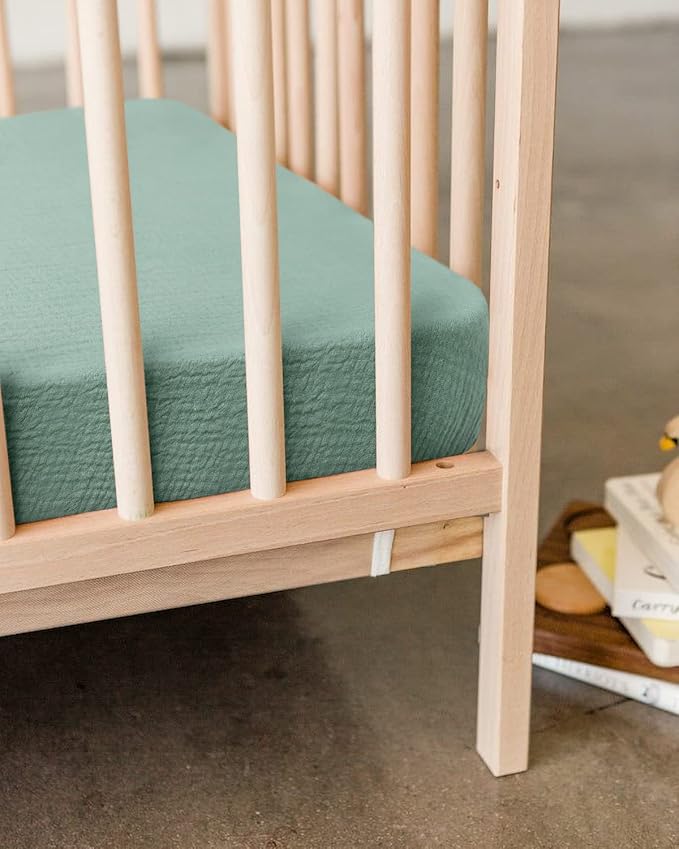 Blissful Diary Muslin Mini Crib Sheets, Pack and Play Mattress Sheets Fitted for Pack N Play, Soft Cotton for Boys Girls, 2 Pack(Roman Green&Leaf)