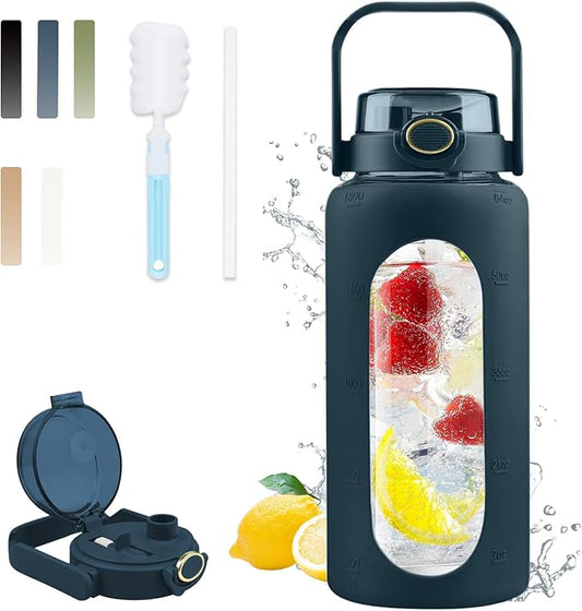 64 Oz Glass Water Bottle with Straw and Lid, Sports Motivational Water Bottle, Leakproof Water Jug Fitness with Silicone Sleeve for Gym, Blue