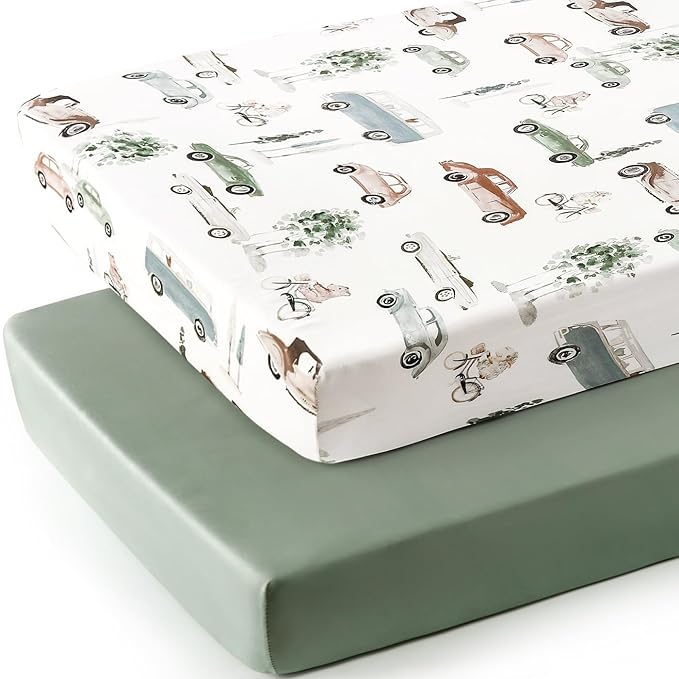 GRSSDER Stretchy Ultra Soft Jersey Knit Fitted Crib Sheets Set 2 Pack, Universal Fitted All Standard Crib Mattress Pads Safe and Snug, Crib Fitted Sheet for Baby, Neutral Pattern of Cartoon Cars Print