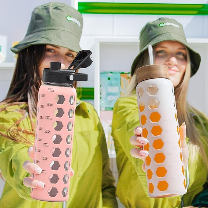 MUKOKO Glass Water Bottles, 32oz Glass Tumbler with Straw, Drinking Bottles with 2 Lids-Handle Spout Lid&Bamboo Straw Lid, Motivational Water Bottle with Time Marker and Silicone Sleeve, 1 Pack-White