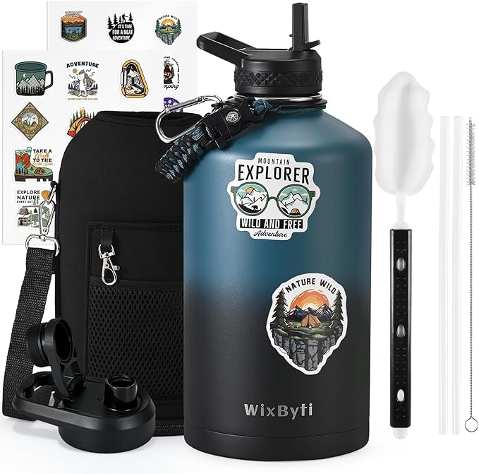 One Gallon Water Bottle Insulated with DIY Stickers, Triple Wall Vacuum Cold for 48 Hrs Leak-proof Non-BPA, 128oz Large Sports Stainless Steel Water Jug with Paracord Handle Straw Spout Lids