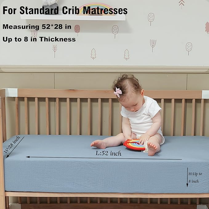 Muslin Crib Sheets for Boys Girls Rutiwa Organic Cotton Crib Sheets Neutral 2 Pack Breathable Baby Mattress Sheets Fit Standard Crib & Toddler Bed Mattress 28"x52"(Denim Blue/New Camel)