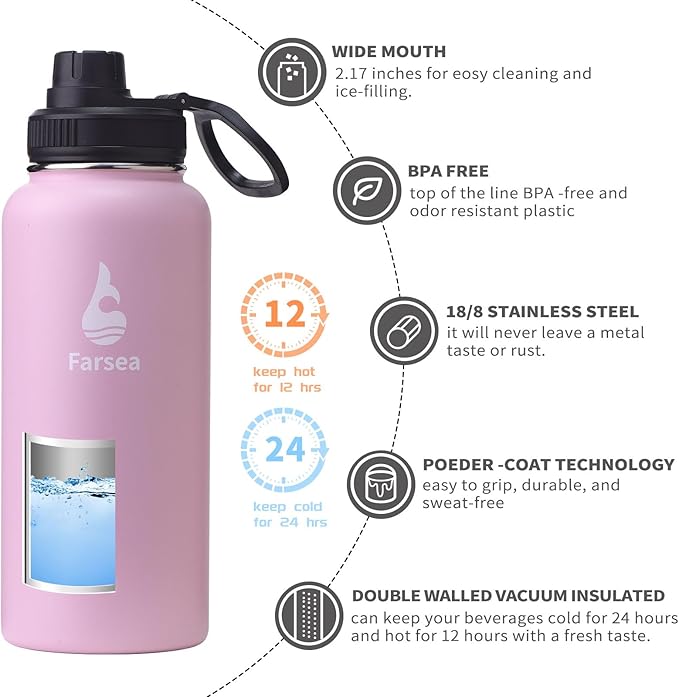 Farsea Insulated Water Bottle With Paracord Handle, Protective Boot and 2 Lids (Straw Lid & Spout Lid), Stainless Steel Water Bottle Wide Mouth, Double Wall Sweat-Proof BPA-Free, 32 oz