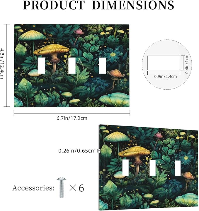 Green Dark Forest Mystical Mushroom 3 Gang Light Switch Covers Triple Toggle Wall Plate Decorative Switchplate Electrical Faceplate for Country Bathroom Bedroom Kitchen Decor