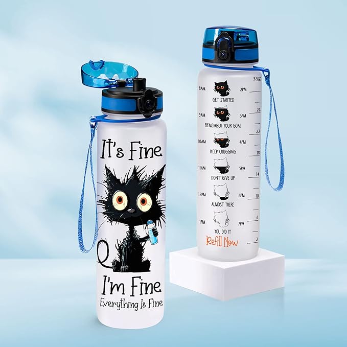 Cat Gifts, Black Cat Water Bottle 32 oz with Time Marker, It's Fine I'm Fine Cat Bottle, Cat Gifts for Cat Lovers, Crazy Cat Gifts, Gifts for Halloween