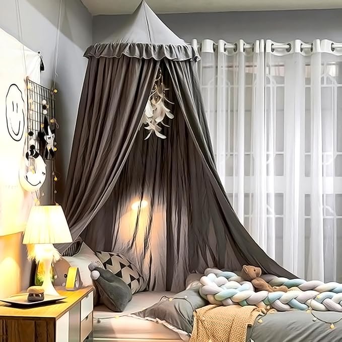 Upgrade Version of Canopy for Kids Bed, Extra Large Canopy for Girls Room Decoration Princess Castle Play Tent Hanging House, Dreamy Canopy for Children Room Reading Nook Canopies (Gray Ruffle)