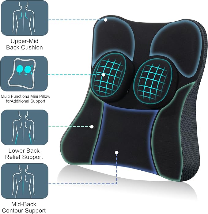 HOMBYS Memory Foam Seat Cushion & Lumbar Support Pillow for Office Chair, 2 Adjustable Sliders Attached on Back Support Pillow to Providing Accurate Support, Lower Back, Hip Pain Relief