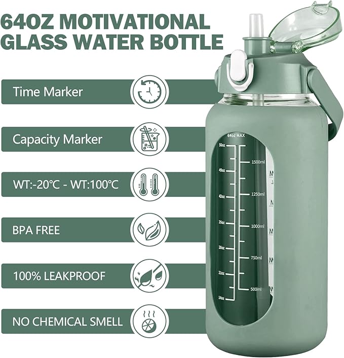 kytffu 64oz Glass Water Bottles with Straw, Half Gallon Motivational Glass Bottle with Silicone Sleeve and Time Marker, 2L Leakproof Large Glass Water Jug for Gym Home Office,olive