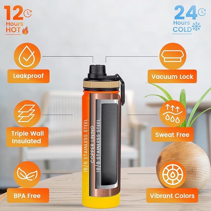 Water Bottle 22oz, Triple Walled Insulated Stainless Steel Reusable Bottle, Silicone Sleeve, Cleaning Brush, 2 Lids (Spout lid & Straw lid w/2 straw), Metal Mug Gallon, BPA Free, Sunset