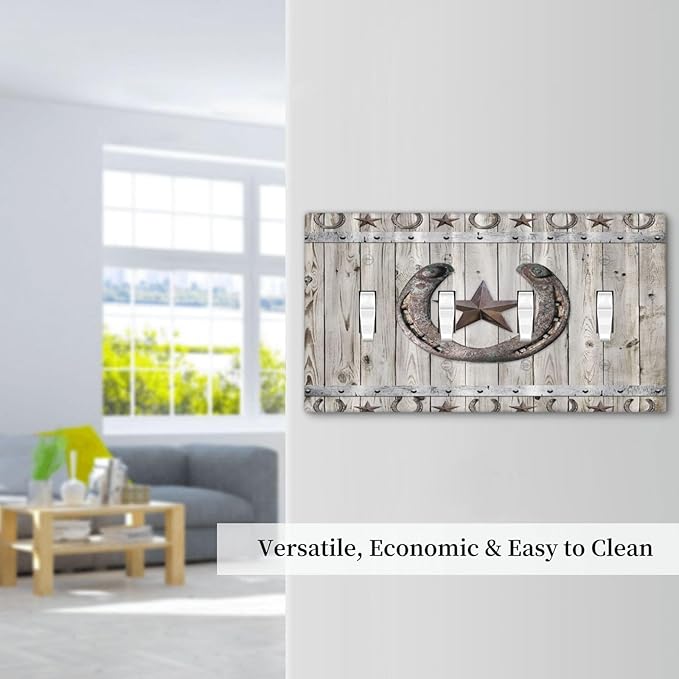 Rustic Western Wood Barn Door Horseshoe Iron Star Quad Toggle Light Switch Covers 4 Gang Wall Plate Decorative Switchplate Electrical Faceplate for Farmhouse Country Bedroom Decor