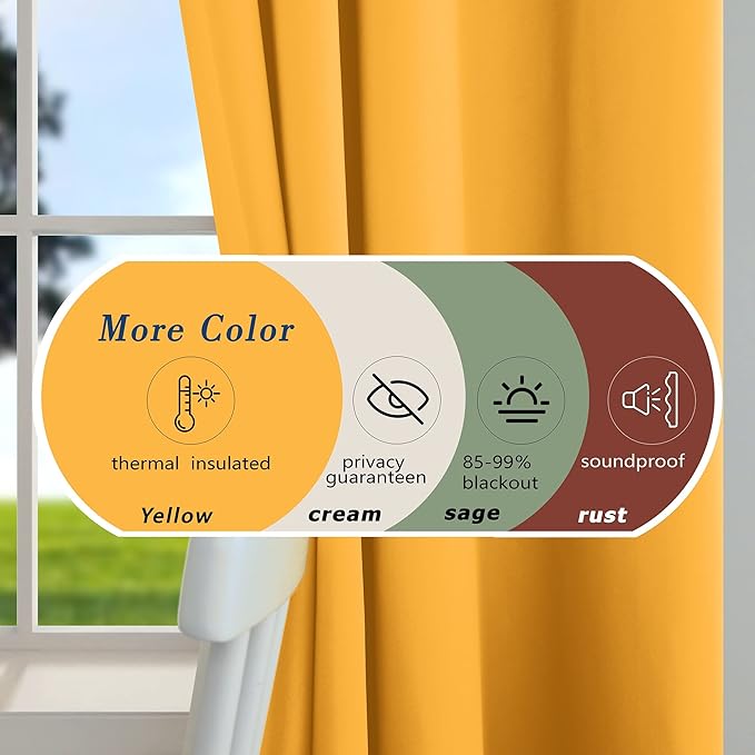 Mrs.Naturall Yellow Curtains 96 Inches Long for Bedroom 2 Panels Set Grommet Blackout Living Room Window Curtains