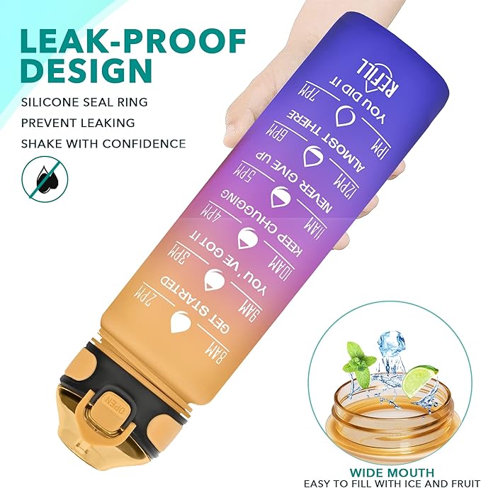 Enerbone 32 oz Drinking Water Bottle with Times to Drink and Straw, Motivational with Carrying Strap, Leakproof BPA & Toxic Free, Ensure You Drink Enough Water for Fitness Gym Outdoor