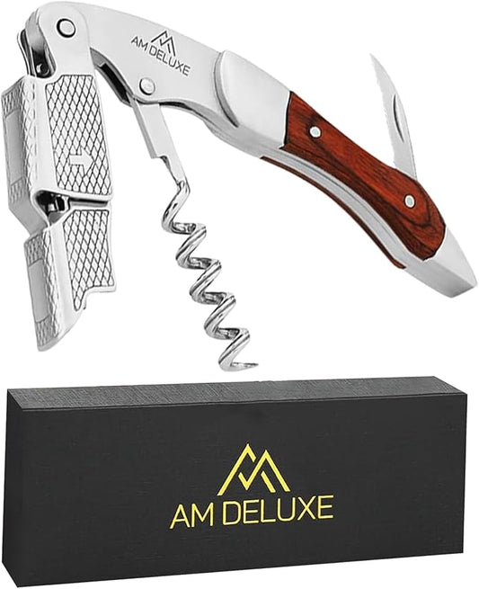 Premium AM DELUXE Waiter Corkscrew Wine Opener - Wine Key For Servers, Bartenders, Heavy Duty Stainless Steel & Pakka Wood Inlay, Serrated Foil Cutter, Cork Screw Wine Bottle Opener, Magnetic Gift Box