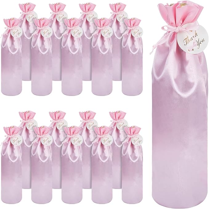PLIGREAT 20 Pcs Satin Wine Bags Pink Wine Gift Bags with Drawstrings and Tags, Wine Bottle Bags Reusable Covers for Wedding, Birthday, Dinner Party, Christmas Congrats Gift Bags, Wine Wrapping Bags