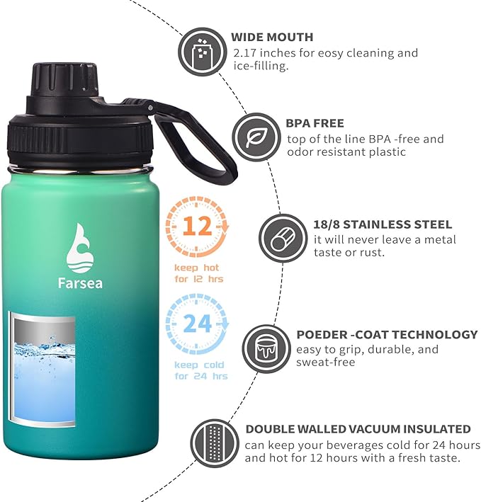 Farsea Insulated Water Bottle With Paracord Handle, Protective Silicone Boot and 2 Lids (Straw Lid & Spout Lid), Stainless Steel Water Bottle Wide Mouth, Double Wall Sweat-Proof BPA-Free,12 oz