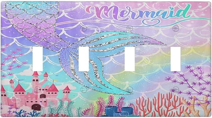 Silvery Glitter Cute Mermaid Tail Fantasy Castle Quad Toggle Light Switch Covers 4 Gang Wall Plate Decorative Switchplate Electrical Faceplate for Kidroom Nursery Bedroom Kitchen Decor