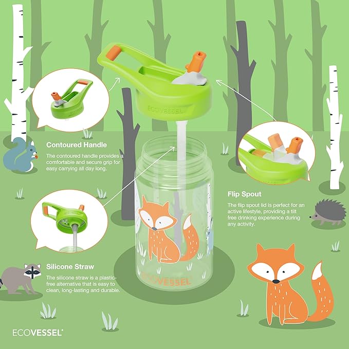 EcoVessel SPLASH Tritan Plastic Kids Water Bottle with Straw, Leak Proof Flip Top Lid, and Carry Handle Kids Cups Sports Water Bottle Sippy Cups 12 oz (Storybook)