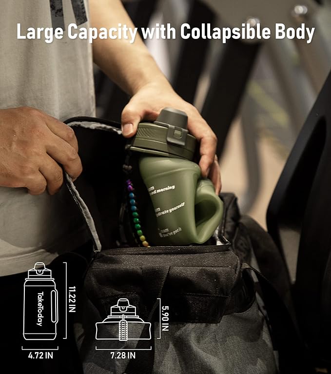 Large Collapsible Water Bottles 68oz, Leak Proof, BPA-Free, Foldable Gallon Silicone Water Jug with straw Time Marker Paracord Handle for Traveling, Hiking, Outdoors (Army Green)