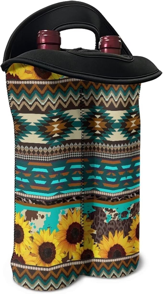 doginthehole Sunflower Insulated Wine Bag 2 Bottles Portable Wine Carrier Tote Aztec Tribal Geometry Print Wine Cooler Bag Champagne Bottle Holder Protective Sleeve