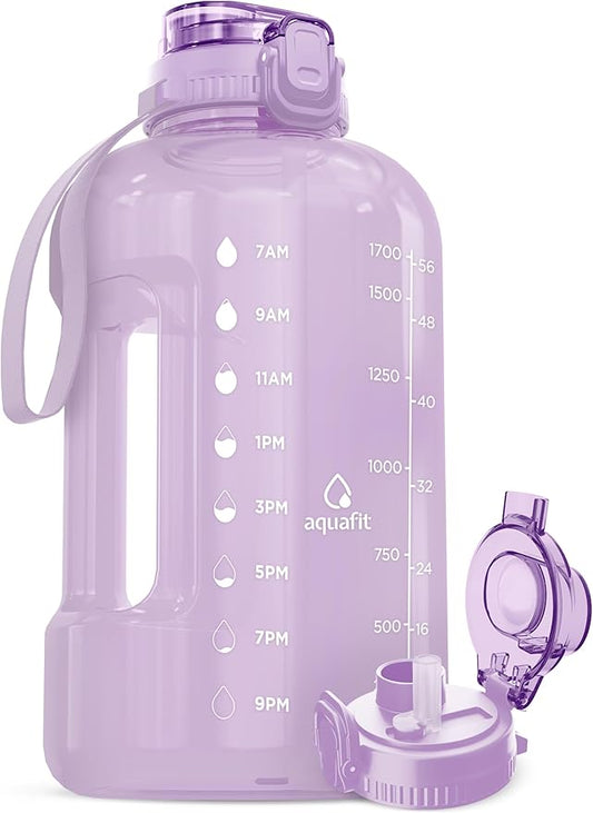 64 oz Water Bottle with Time Marker - BPA Free Half Gallon Water Bottle with Straw - Gym Water Bottle with Handle, Gallon Water Jug, Big Water Bottle, Large Water Bottle (Purple Haze, 2in1 Lid)