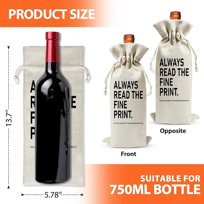 Grandparent To Be Gift Wine Bag, Always Read The Fine Print, Promoted to New Grandparent Gift, Baby Announcement Gift, Becoming A Grandparent, Baby Shower or Party Favor, Baby Pregnancy Reveal Gift