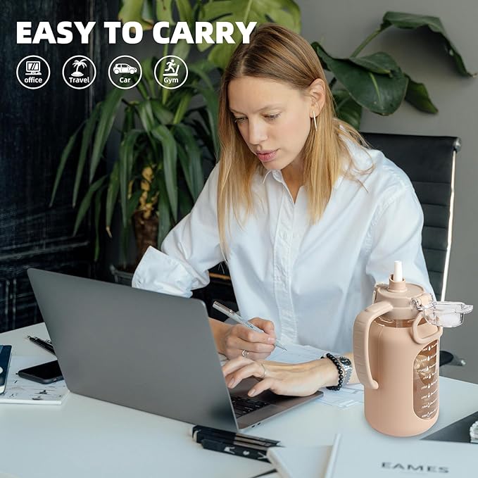 64 oz Glass Water Bolttles Half Gallon Large Motivational Water Bottle with Time Marker Sports Water Bottles with Silicone Sleeve and Handle Lid Water Jug for Gym Workout