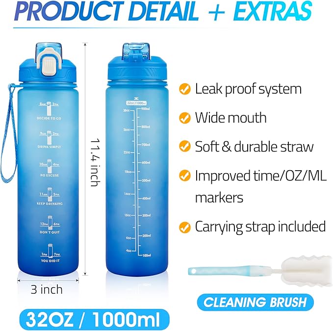 Motivational Water Bottle with Time Marker- 32oz Water Bottles with Times to Drink, Leakproof & BPA Free Sports Water Bottle with Straw & Carry Strap for Fitness, Gym, and Outdoor Sports
