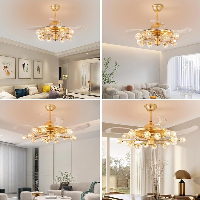42" Chandelier Ceiling Fans with Lights: 12-Light Sputnik Ceiling Fan Crystal Chandeliers - Modern Retractable Fandelier Ceiling Fan for Bedroom Living Room - Gold Fandelier with Lights