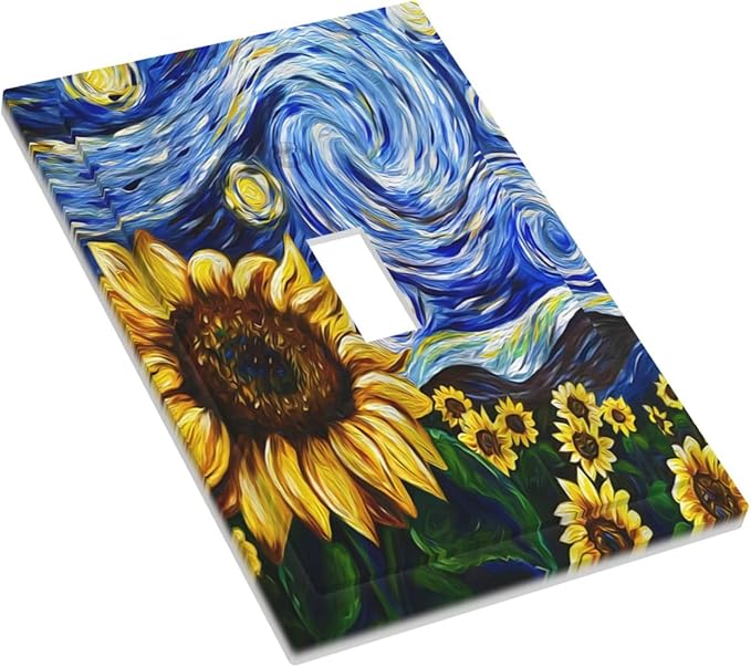 Vintage Abstract Blue Starry Sunflower 1 Gang Light Switch Covers Single Toggle Wall Plate Decorative Switchcover Electrical Switchplate for Farmhouse Country Bedroom Livingroom Decor