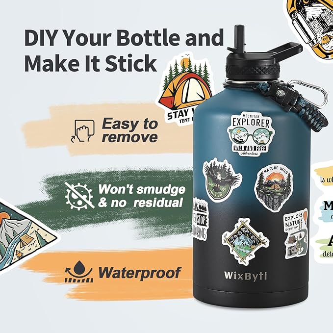 One Gallon Water Bottle Insulated with DIY Stickers, Triple Wall Vacuum Cold for 48 Hrs Leak-proof Non-BPA, 128oz Large Sports Stainless Steel Water Jug with Paracord Handle Straw Spout Lids