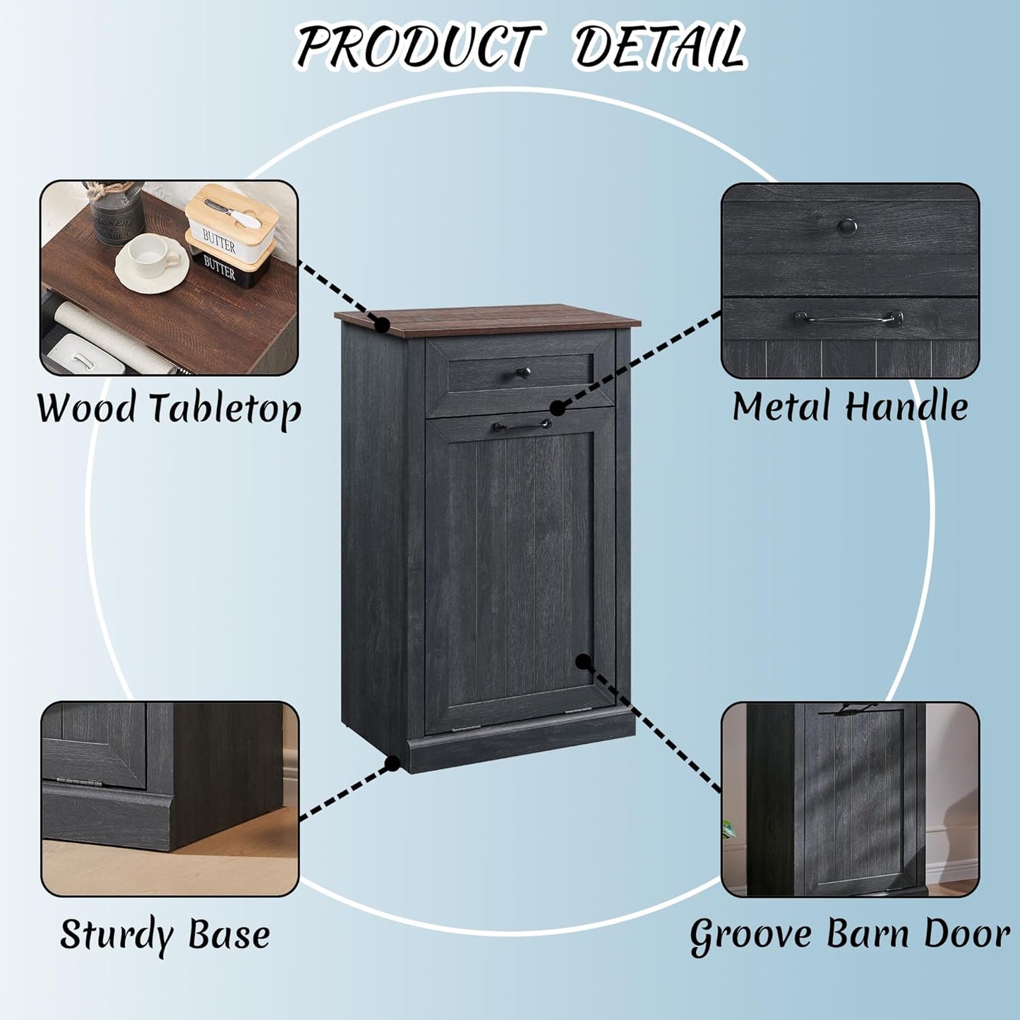 Tilt Out Laundry Hamper Cabinet, 10 Gallon Farmhouse Trash Can Cabinet with Drawer, Hidden Wood Garbage Can Bin Cabinet with Laundry Storage Basket for Bathroom, Kitchen, Dark Grey