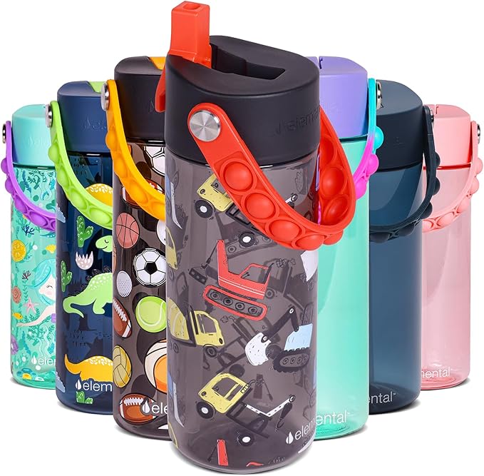 Elemental Leak Proof Water Bottles for Kids - Splash Kids Water Bottle for School with Fun Fidget Pop-it Handle - BPA Free Tritan Plastic Reusable Water Bottle with Straw - Construction - 18oz