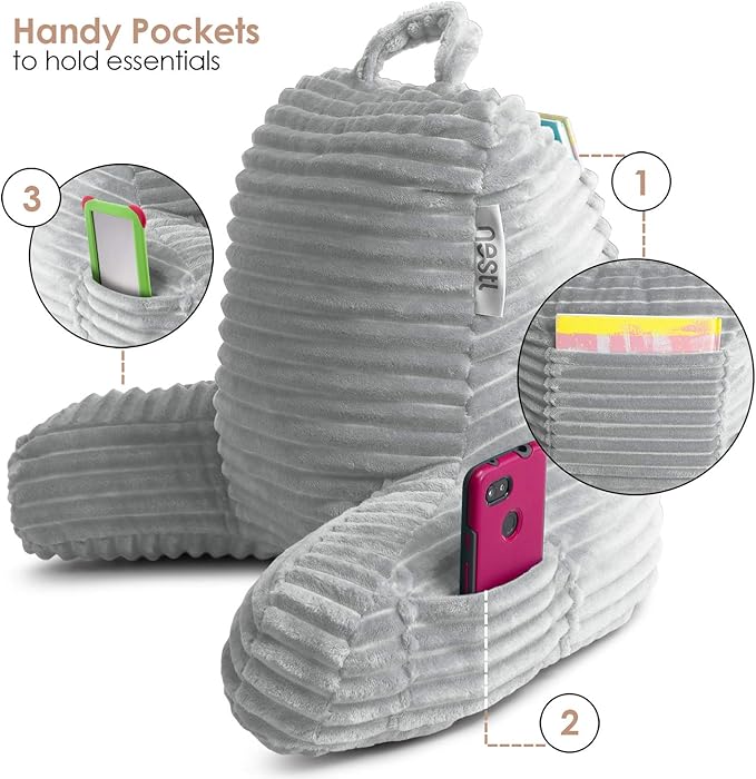 Nestl Reading Pillow with Portable Lap Desk Stand for Laptop 19x11”, Cut Plush Striped Back Pillow, Back Support Pillow, Shredded Memory Foam Bed Rest Pillow with Arms for Kids & Teens, Small - Silver